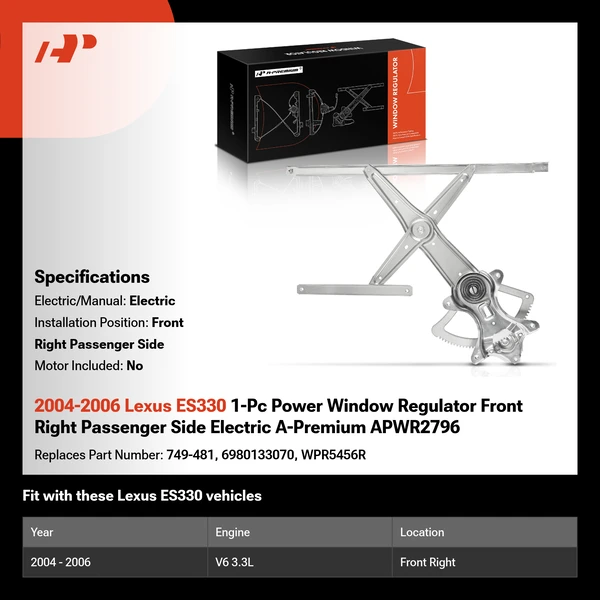 2004-2006 Lexus ES330 1-Pc Power Window Regulator Front Right Passenger Side Electric A-Premium APWR2796