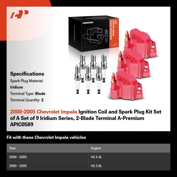 2000-2005 Chevrolet Impala Ignition Coil and Spark Plug Kit Set of A Set of 9 Iridium Series, 2-Blade Terminal A-Premium APIC0589