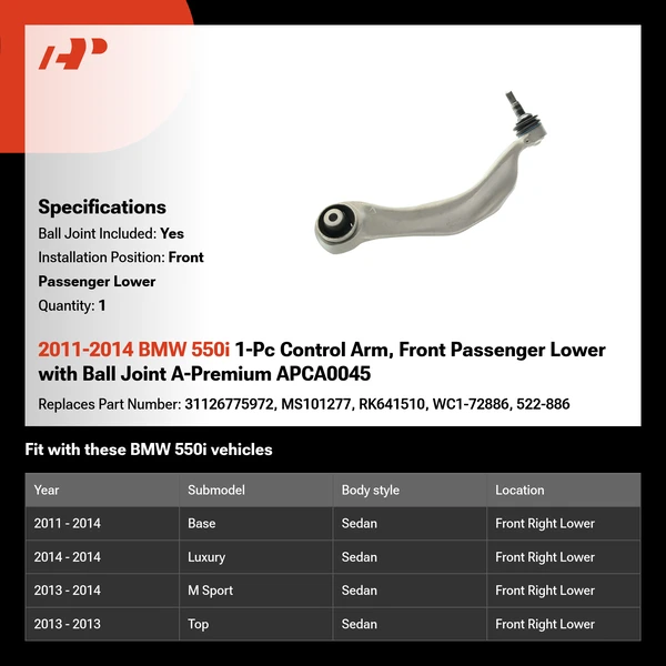 2011-2014 BMW 550i 1-Pc Control Arm, Front Passenger Lower with Ball Joint A-Premium APCA0045