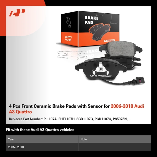 4 Pcs Front Ceramic Brake Pads with Sensor for 2006-2010 Audi A3 Quattro