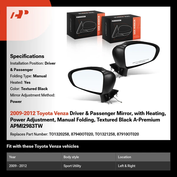 2009-2012 Toyota Venza Driver & Passenger Mirror, with Heating, Power Adjustment, Manual Folding, Textured Black A-Premium APMI2983TW