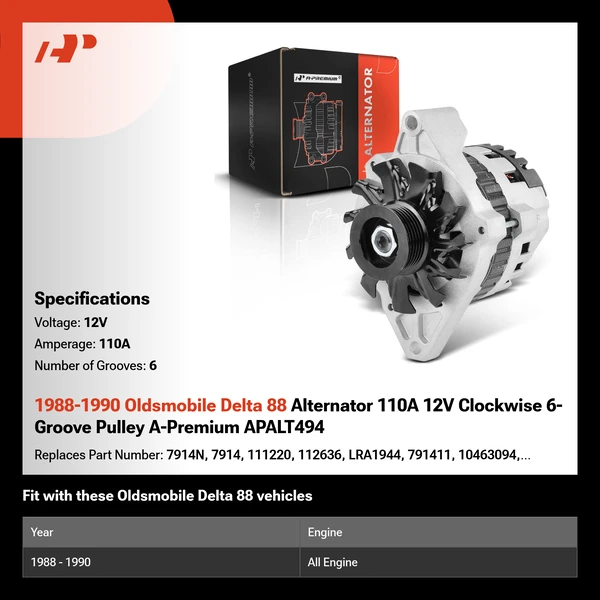1988-1990 Oldsmobile Delta 88 Alternator 110A 12V Clockwise 6-Groove Pulley A-Premium APALT494