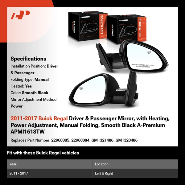2011-2017 Buick Regal Driver & Passenger Mirror, with Heating, Power Adjustment, Manual Folding, Smooth Black A-Premium APMI1618TW