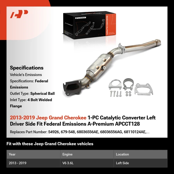 2013-2019 Jeep Grand Cherokee 1-PC Catalytic Converter Left Driver Side Fit Federal Emissions A-Premium APCCT128