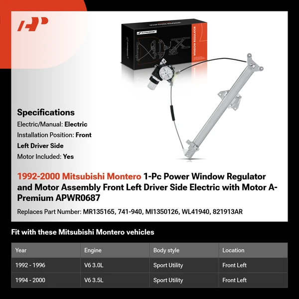 1992-2000 Mitsubishi Montero 1-Pc Power Window Regulator and Motor Assembly Front Left Driver Side Electric with Motor A-Premium APWR0687