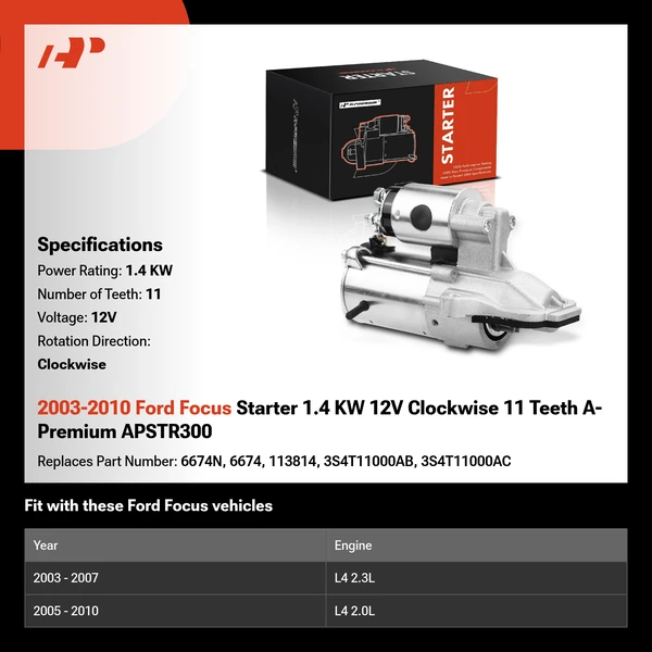2003-2010 Ford Focus Starter 1.4 KW 12V Clockwise 11 Teeth A-Premium APSTR300