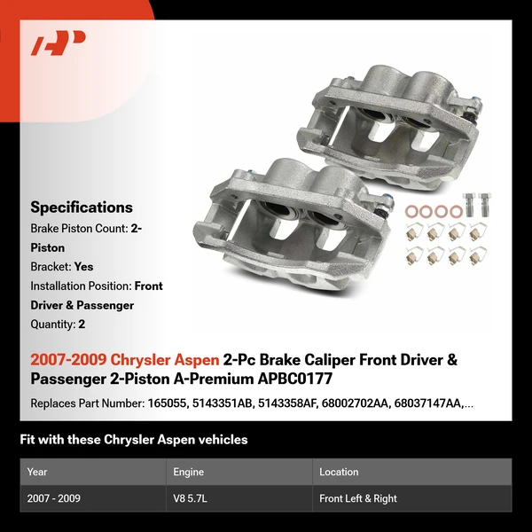 2007-2009 Chrysler Aspen 2-Pc Brake Caliper Front Driver & Passenger 2-Piston A-Premium APBC0177