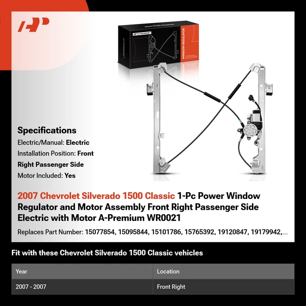 2007 Chevrolet Silverado 1500 Classic 1-Pc Power Window Regulator and Motor Assembly Front Right Passenger Side Electric with Motor A-Premium WR0021