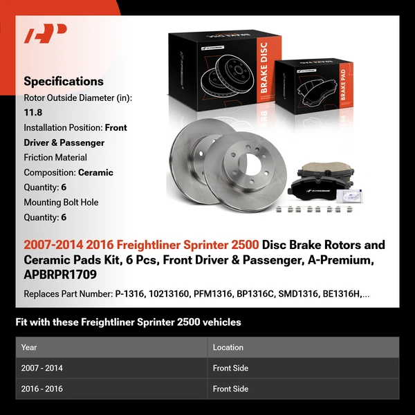 2007-2014 2016 Freightliner Sprinter 2500 Disc Brake Rotors and Ceramic Pads Kit, 6 Pcs, Front Driver & Passenger, A-Premium, APBRPR1709