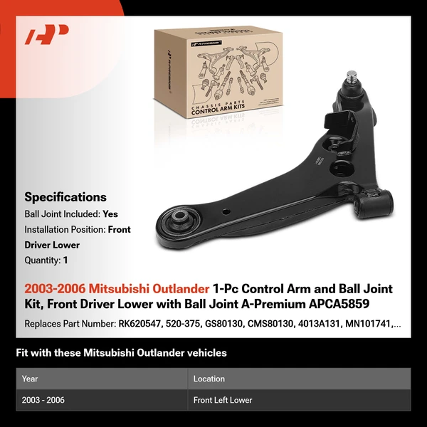 2003-2006 Mitsubishi Outlander 1-Pc Control Arm and Ball Joint Kit, Front Driver Lower with Ball Joint A-Premium APCA5859