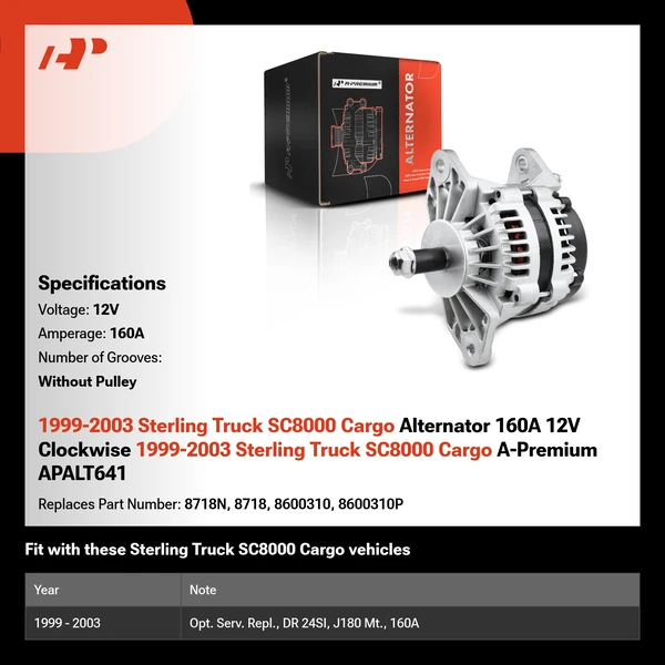 1999-2003 Sterling Truck SC8000 Cargo Alternator 160A 12V Clockwise 1999-2003 Sterling Truck SC8000 Cargo A-Premium APALT641