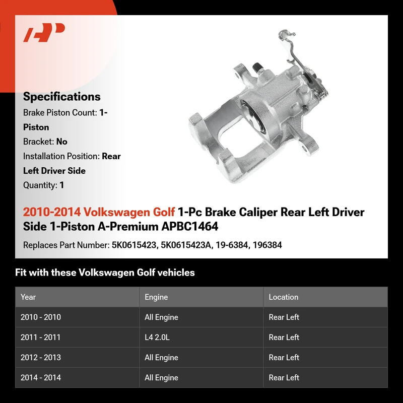 2010-2014 Volkswagen Golf 1-Pc Brake Caliper Rear Left Driver Side 1-Piston A-Premium APBC1464