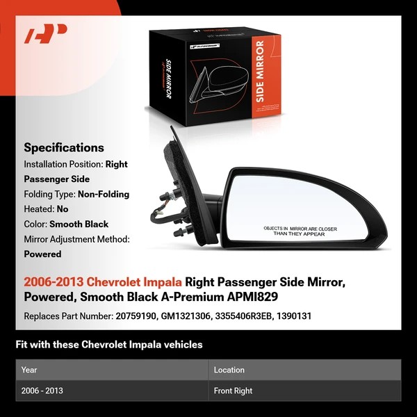 2006-2013 Chevrolet Impala Right Passenger Side Mirror, Powered, Smooth Black A-Premium APMI829