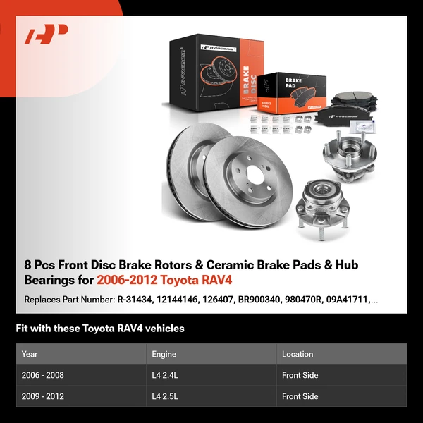 8 Pcs Front Disc Brake Rotors & Ceramic Brake Pads & Hub Bearings for 2006-2012 Toyota RAV4