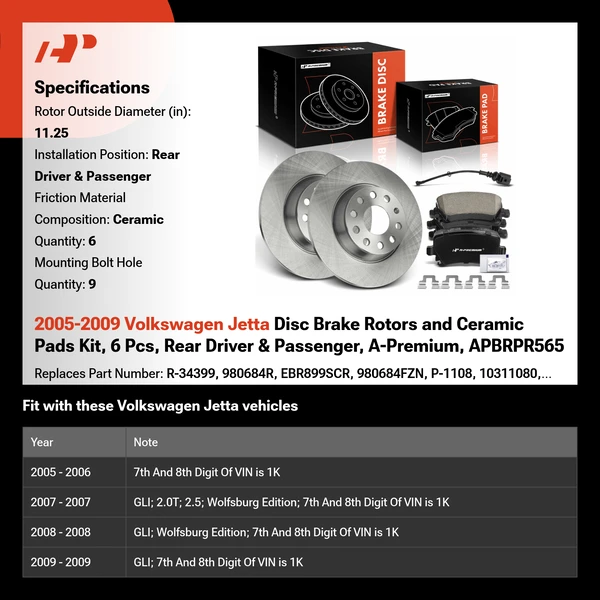 2005-2009 Volkswagen Jetta Disc Brake Rotors and Ceramic Pads Kit, 6 Pcs, Rear Driver & Passenger, A-Premium, APBRPR565