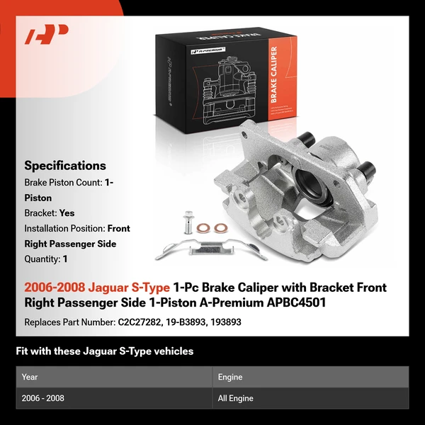 2006-2008 Jaguar S-Type 1-Pc Brake Caliper with Bracket Front Right Passenger Side 1-Piston A-Premium APBC4501