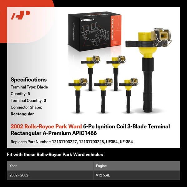 2002 Rolls-Royce Park Ward 6-Pc Ignition Coil 3-Blade Terminal Rectangular A-Premium APIC1466