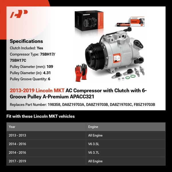 2013-2019 Lincoln MKT AC Compressor with Clutch with 6-Groove Pulley A-Premium APACC321