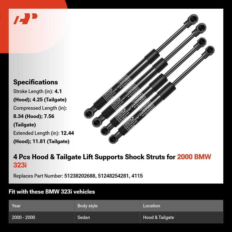4 Pcs Hood & Tailgate Lift Supports Shock Struts for 2000 BMW 323i