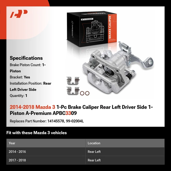 2014-2018 Mazda 3 1-Pc Brake Caliper Rear Left Driver Side 1-Piston A-Premium APBC3309