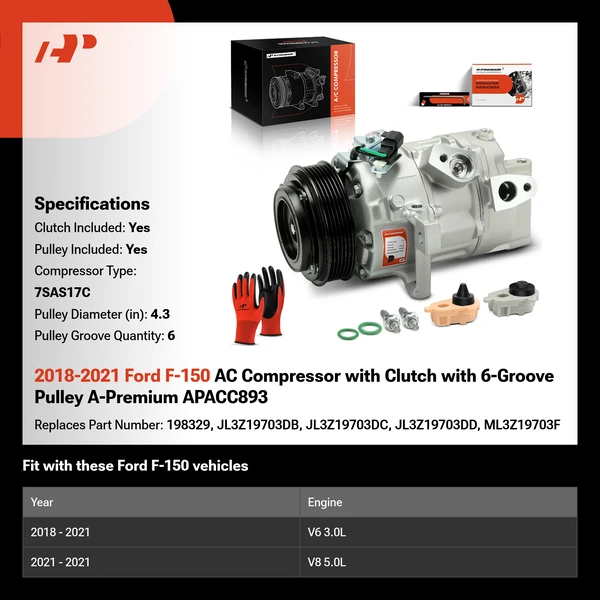 2018-2021 Ford F-150 AC Compressor with Clutch with 6-Groove Pulley A-Premium APACC893