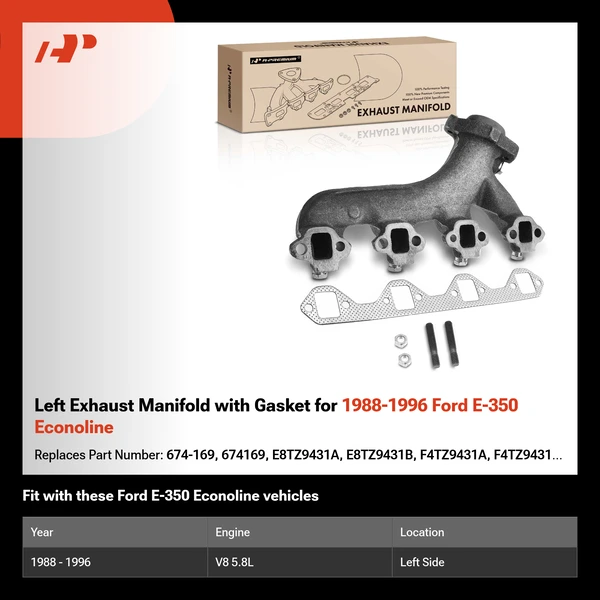 Left Exhaust Manifold with Gasket for 1988-1996 Ford E-350 Econoline