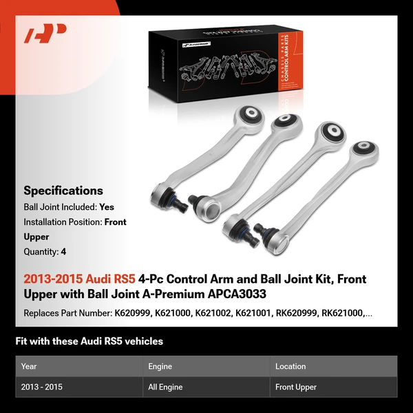 2013-2015 Audi RS5 4-Pc Control Arm and Ball Joint Kit, Front Upper with Ball Joint A-Premium APCA3033