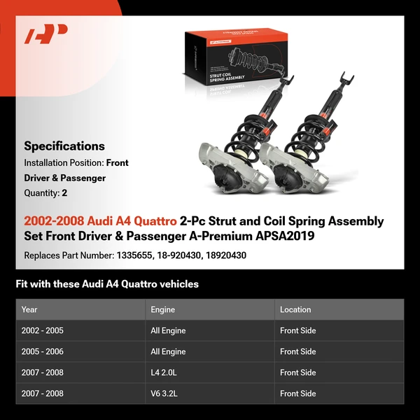 2002-2008 Audi A4 Quattro 2-Pc Strut and Coil Spring Assembly Set Front Driver & Passenger A-Premium APSA2019