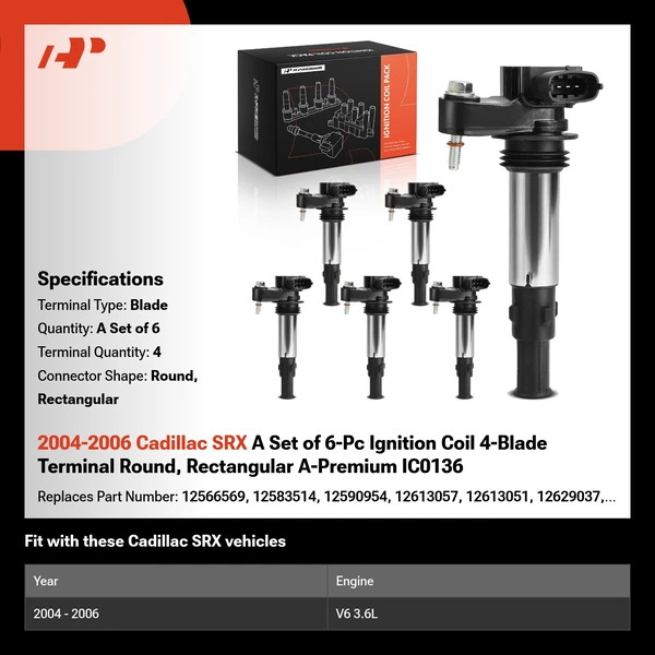 2004-2006 Cadillac SRX A Set of 6-Pc Ignition Coil 4-Blade Terminal Round, Rectangular A-Premium IC0136