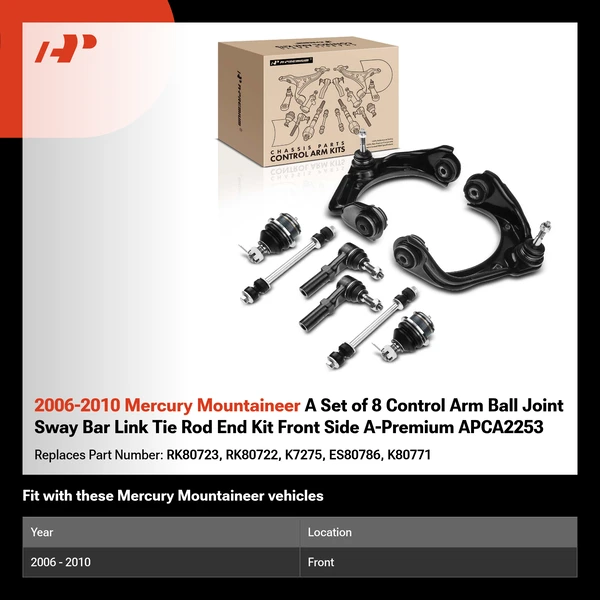 2006-2010 Mercury Mountaineer A Set of 8 Control Arm Ball Joint Sway Bar Link Tie Rod End Kit Front Side A-Premium APCA2253