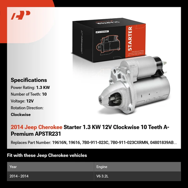 2014 Jeep Cherokee Starter 1.3 KW 12V Clockwise 10 Teeth A-Premium APSTR231