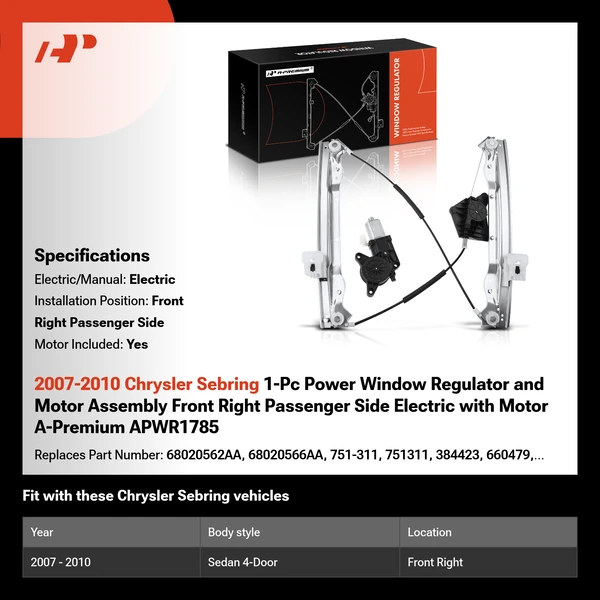 2007-2010 Chrysler Sebring 1-Pc Power Window Regulator and Motor Assembly Front Right Passenger Side Electric with Motor A-Premium APWR1785