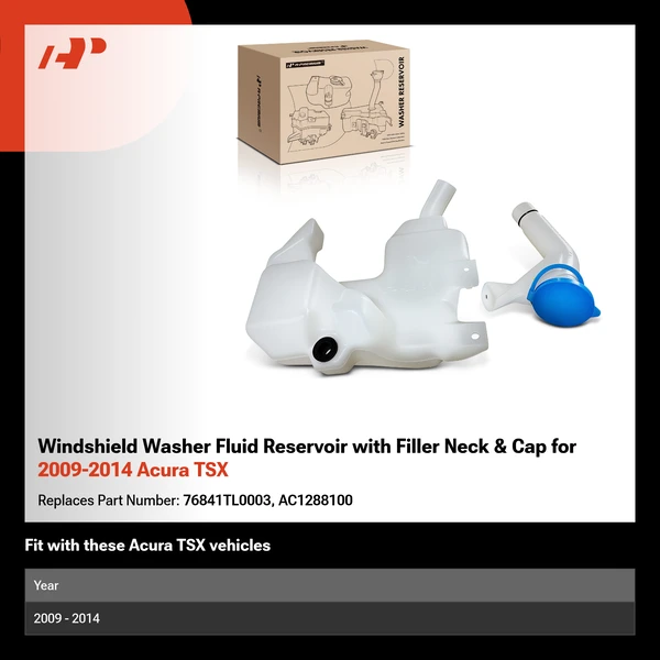 Windshield Washer Fluid Reservoir with Filler Neck & Cap for 2009-2014 Acura TSX