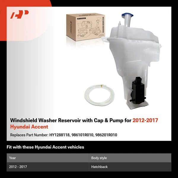 Windshield Washer Reservoir with Cap & Pump for 2012-2017 Hyundai Accent