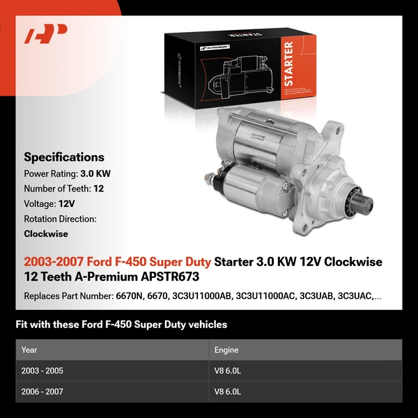 2003-2007 Ford F-450 Super Duty Starter 3.0 KW 12V Clockwise 12 Teeth A-Premium APSTR673
