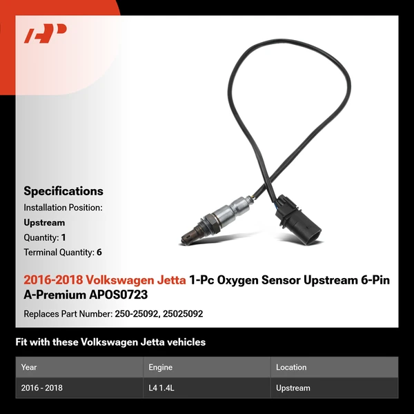 2016-2018 Volkswagen Jetta 1-Pc Oxygen Sensor Upstream 6-Pin A-Premium APOS0723