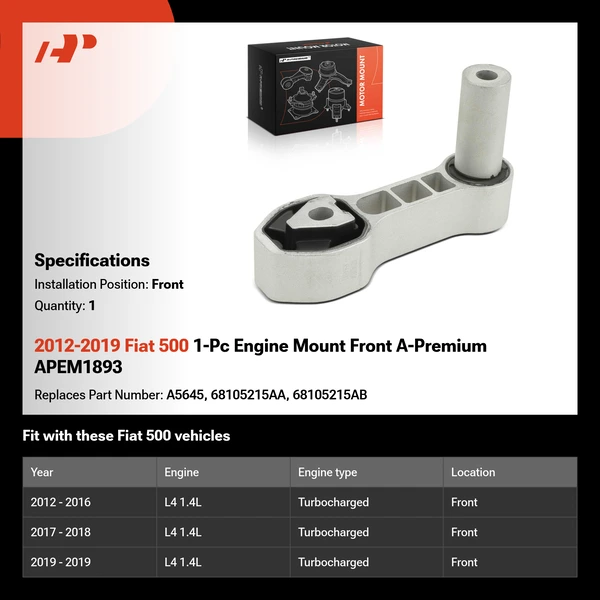 2012-2019 Fiat 500 1-Pc Engine Mount Front A-Premium APEM1893