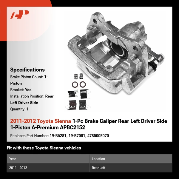 2011-2012 Toyota Sienna 1-Pc Brake Caliper Rear Left Driver Side 1-Piston A-Premium APBC2152