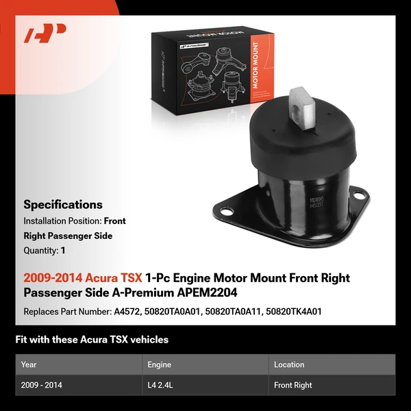 2009-2014 Acura TSX 1-Pc Engine Motor Mount Front Right Passenger Side A-Premium APEM2204