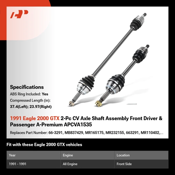 1991 Eagle 2000 GTX 2-Pc CV Axle Shaft Assembly Front Driver & Passenger A-Premium APCVA1535