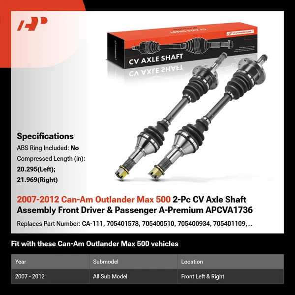 2007-2012 Can-Am Outlander Max 500 2-Pc CV Axle Shaft Assembly Front Driver & Passenger A-Premium APCVA1736