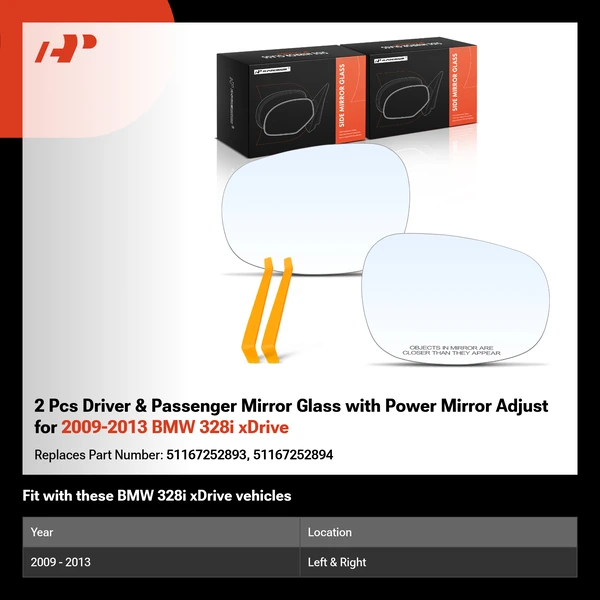 2 Pcs Driver & Passenger Mirror Glass with Power Mirror Adjust for 2009-2013 BMW 328i xDrive