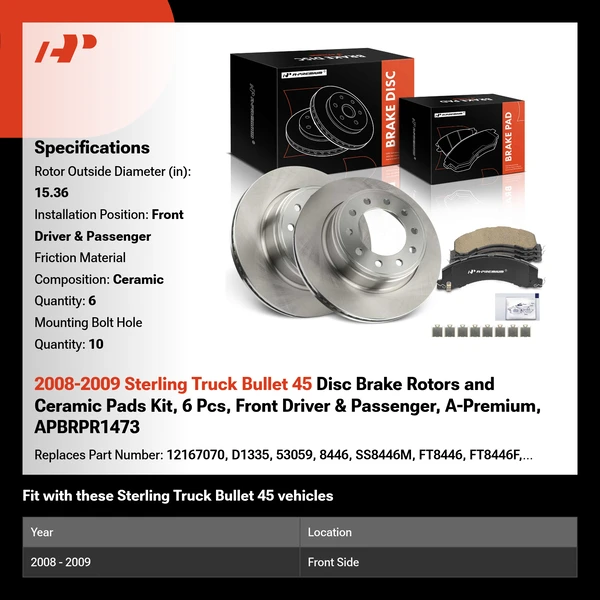 2008-2009 Sterling Truck Bullet 45 Disc Brake Rotors and Ceramic Pads Kit, 6 Pcs, Front Driver & Passenger, A-Premium, APBRPR1473