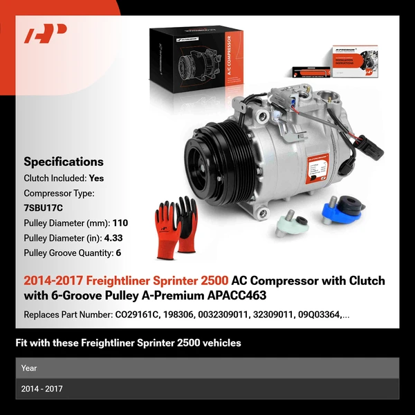 2014-2017 Freightliner Sprinter 2500 AC Compressor with Clutch with 6-Groove Pulley A-Premium APACC463