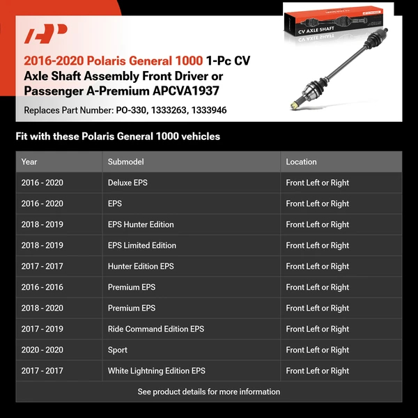 2016-2020 Polaris General 1000 1-Pc CV Axle Shaft Assembly Front Driver or Passenger A-Premium APCVA1937