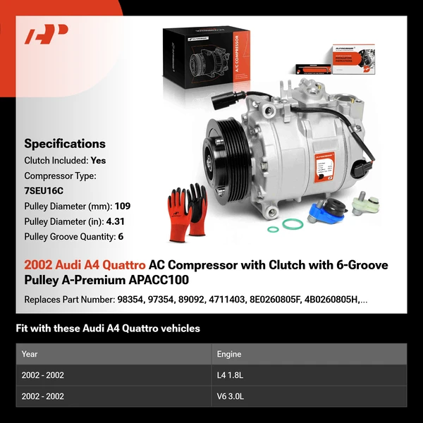 2002 Audi A4 Quattro AC Compressor with Clutch with 6-Groove Pulley A-Premium APACC100