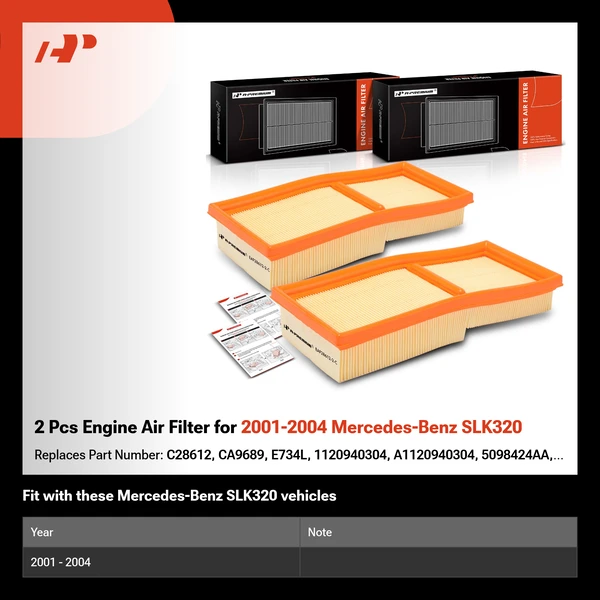 2 Pcs Engine Air Filter for 2001-2004 Mercedes-Benz SLK320
