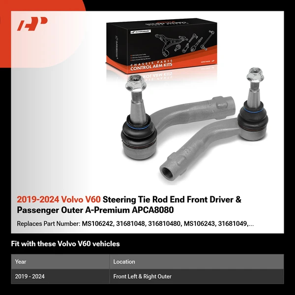 2019-2024 Volvo V60 Steering Tie Rod End Front Driver & Passenger Outer A-Premium APCA8080