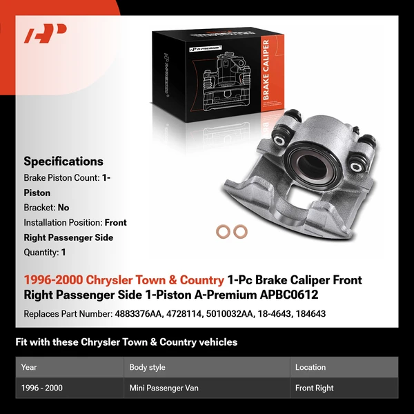 1996-2000 Chrysler Town & Country 1-Pc Brake Caliper Front Right Passenger Side 1-Piston A-Premium APBC0612