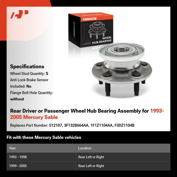 Rear Driver or Passenger Wheel Hub Bearing Assembly for 1993-2005 Mercury Sable